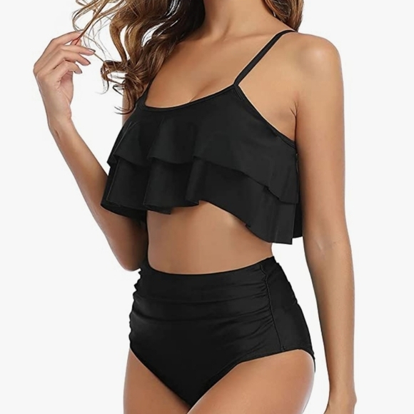 Tempt Me Ruffled Top with a High Waisted Ruched Bikini Bottom Black Size S - Picture 2 of 12